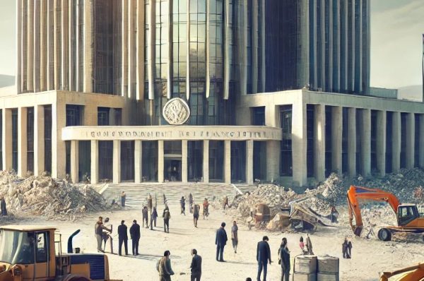 DALL·E 2025-01-16 13.00.41 - A symbolic depiction of governance transition in Syria, featuring a modern government building in the background surrounded by rubble and construction